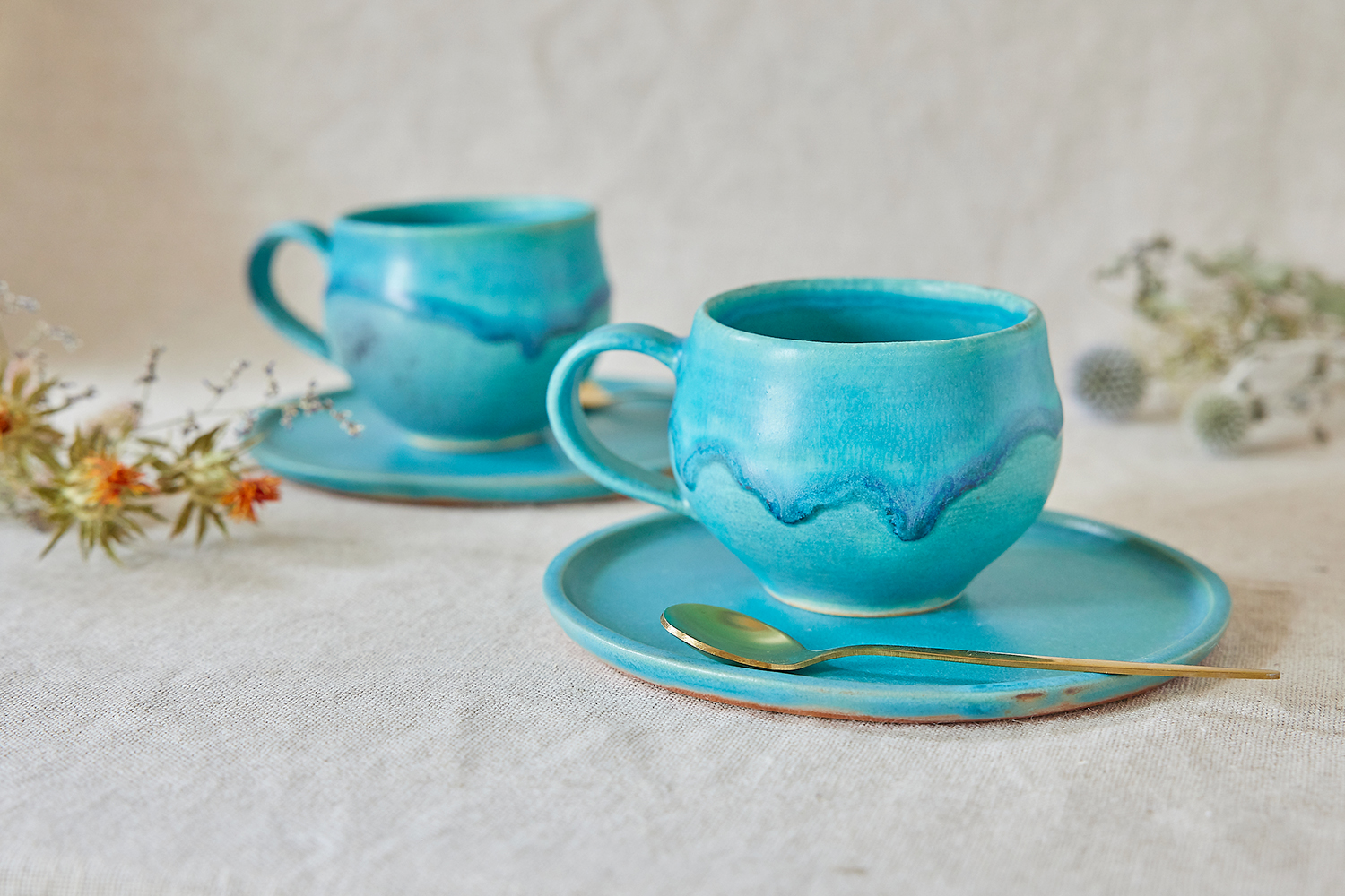 トルコブルーのマグカップ＆トレー　ペア